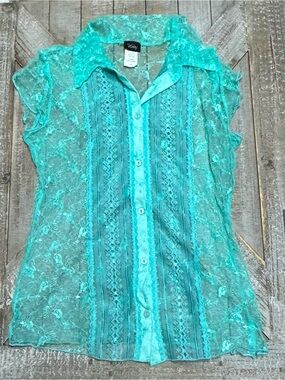 Vanity Turquoise Sheer Lace Button-Up Blouse